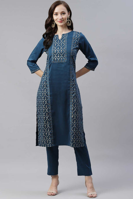 Buy Chinon Foil Printed Ready to Wear Kurta Set in Teal Blue Online