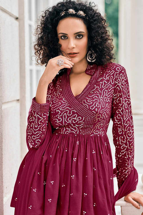 Buy Georgette Sequin Embroidered Sharara Dress Material in Burgundy Online - Back