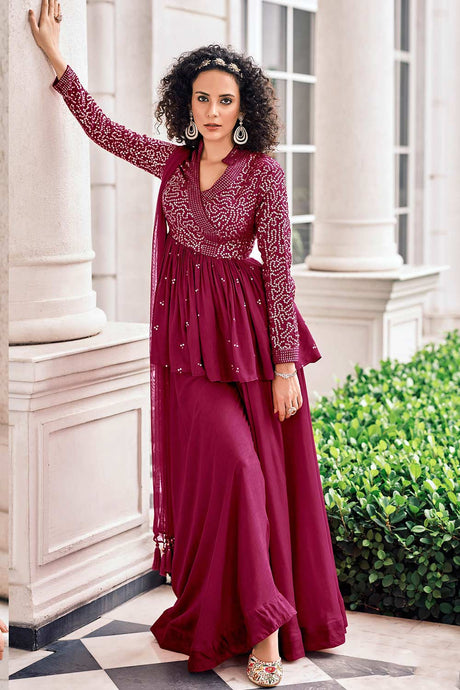 Buy Georgette Sequin Embroidered Sharara Dress Material in Burgundy Online