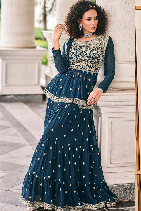 Buy Georgette Zari and Mirror Embroidered Sharara Dress Material in Teal Blue Online