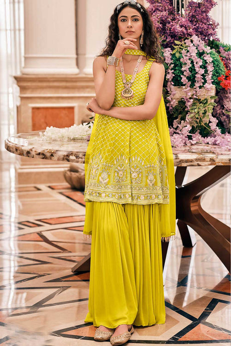 Buy Georgette Sequin Embroidered Sharara Dress Material in Dark Yellow Online