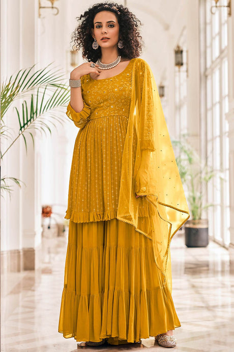 Buy Georgette Sequin Embroidered Sharara Dress Material in Mustard Online