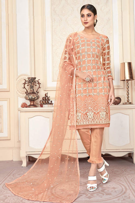 Buy Net Sequin Embroidered Dress Material in Peach Online