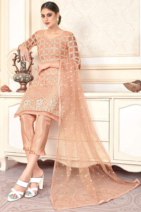 Buy Net Sequin Embroidered Dress Material in Peach Online - Back