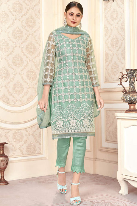 Buy Net Sequin Embroidered Dress Material in Pista Online