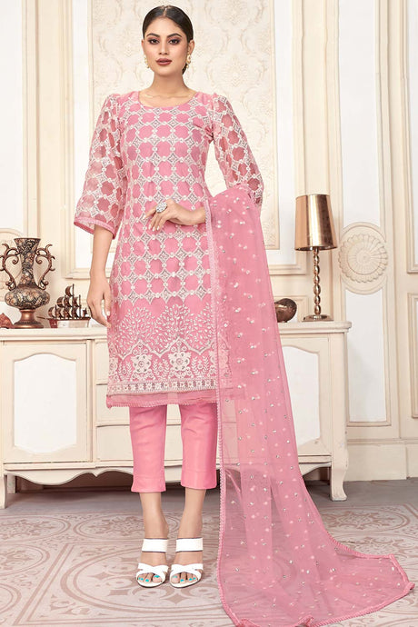 Buy Net Sequin Embroidered Dress Material in Rose Pink Online