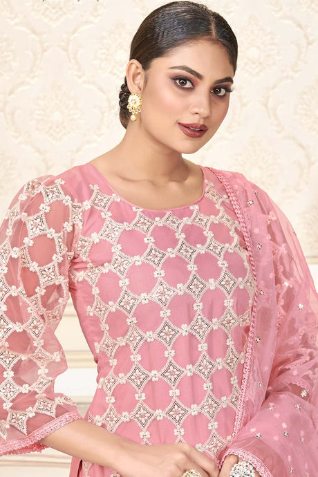 Buy Net Sequin Embroidered Dress Material in Rose Pink Online - Back
