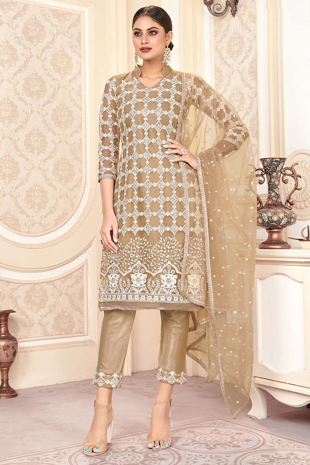 Buy Net Sequin Embroidered Dress Material in Light Brown Online