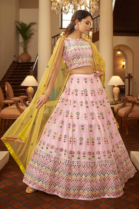 Buy Women's Georgette Thread and Sequin Embroidered Lehenga Choli in Pink - Back