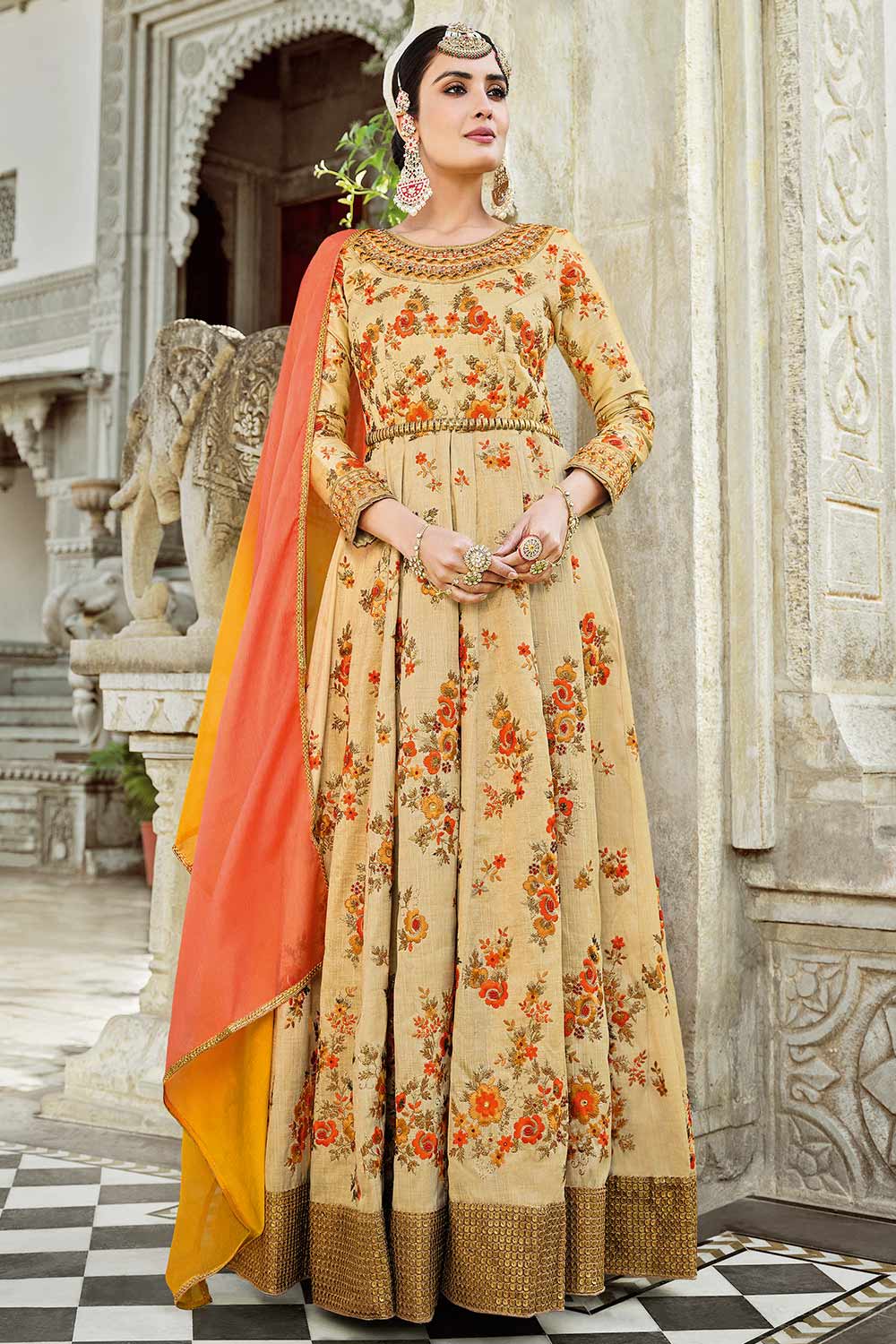 Buy Haandloom Art Silk Embroidered Dress Material in Beige