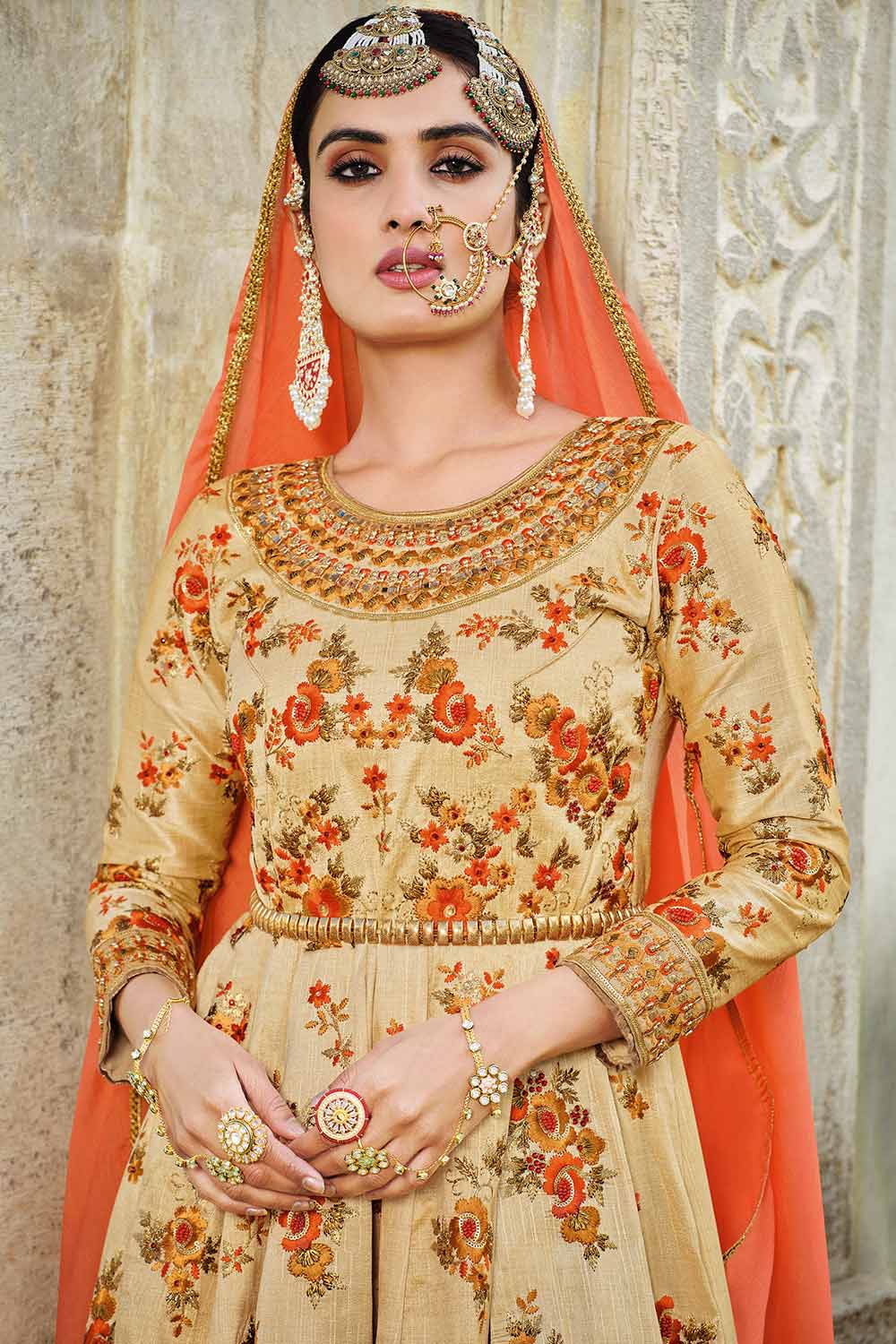 Buy Haandloom Art Silk Embroidered Dress Material in Beige - Back