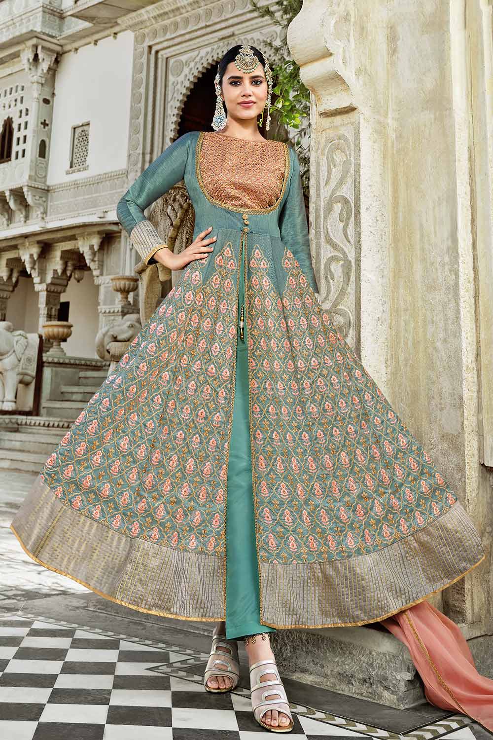 Buy Art Silk Embroidered Dress Material in Sea Green