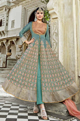 Buy Art Silk Embroidered Dress Material in Sea Green