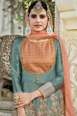 Buy Art Silk Embroidered Dress Material in Sea Green - Back