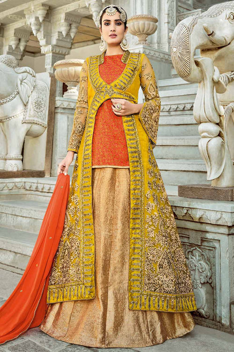 Buy Art Silk Embroidered Dress Material in Mustard
