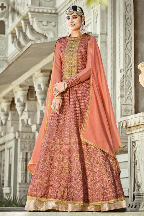 Buy Art Silk Embroidered Dress Material in Rust