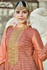 Buy Art Silk Embroidered Dress Material in Rust - Back