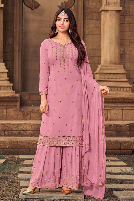 Buy Georgette Stone Embroidered Dress Material in Pink