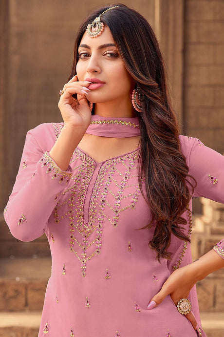 Buy Georgette Stone Embroidered Dress Material in Pink - Back