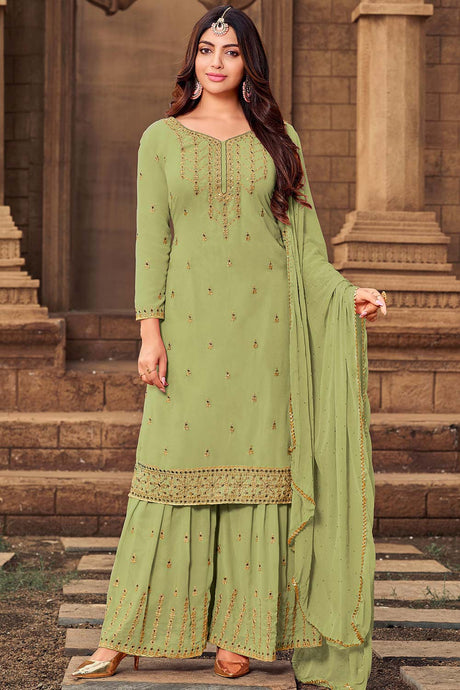 Buy Georgette Stone Embroidered Dress Material in Pista