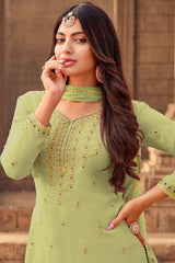 Buy Georgette Stone Embroidered Dress Material in Pista - Back