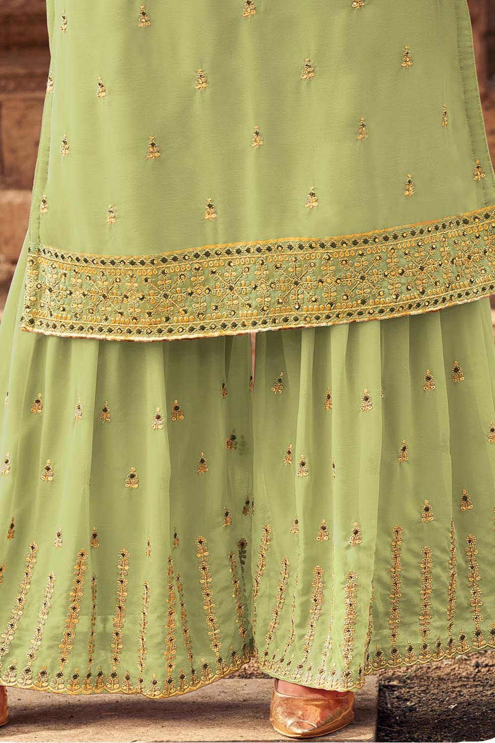 Buy Georgette Stone Embroidered Dress Material in Pista - Front