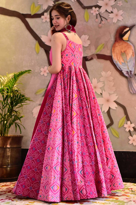 Pink Silk Cotton Designer Digital Printed Gown With Dupatta