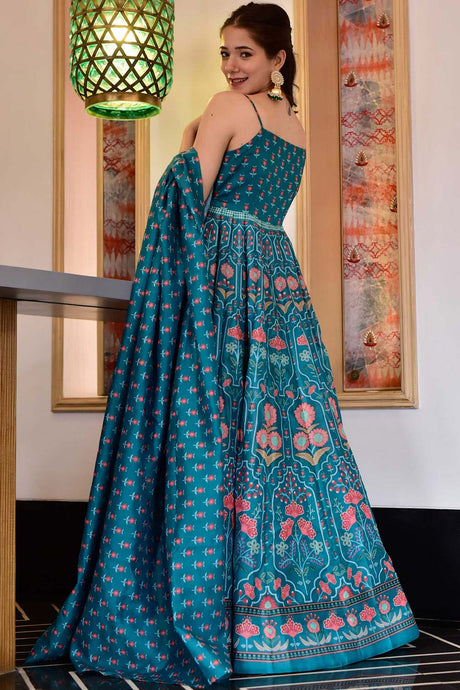 Rama Silk Cotton Designer Digital Printed Gown With Dupatta