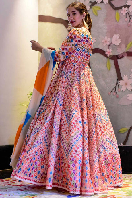 Off White Silk Cotton Designer Digital Printed Gown With Dupatta