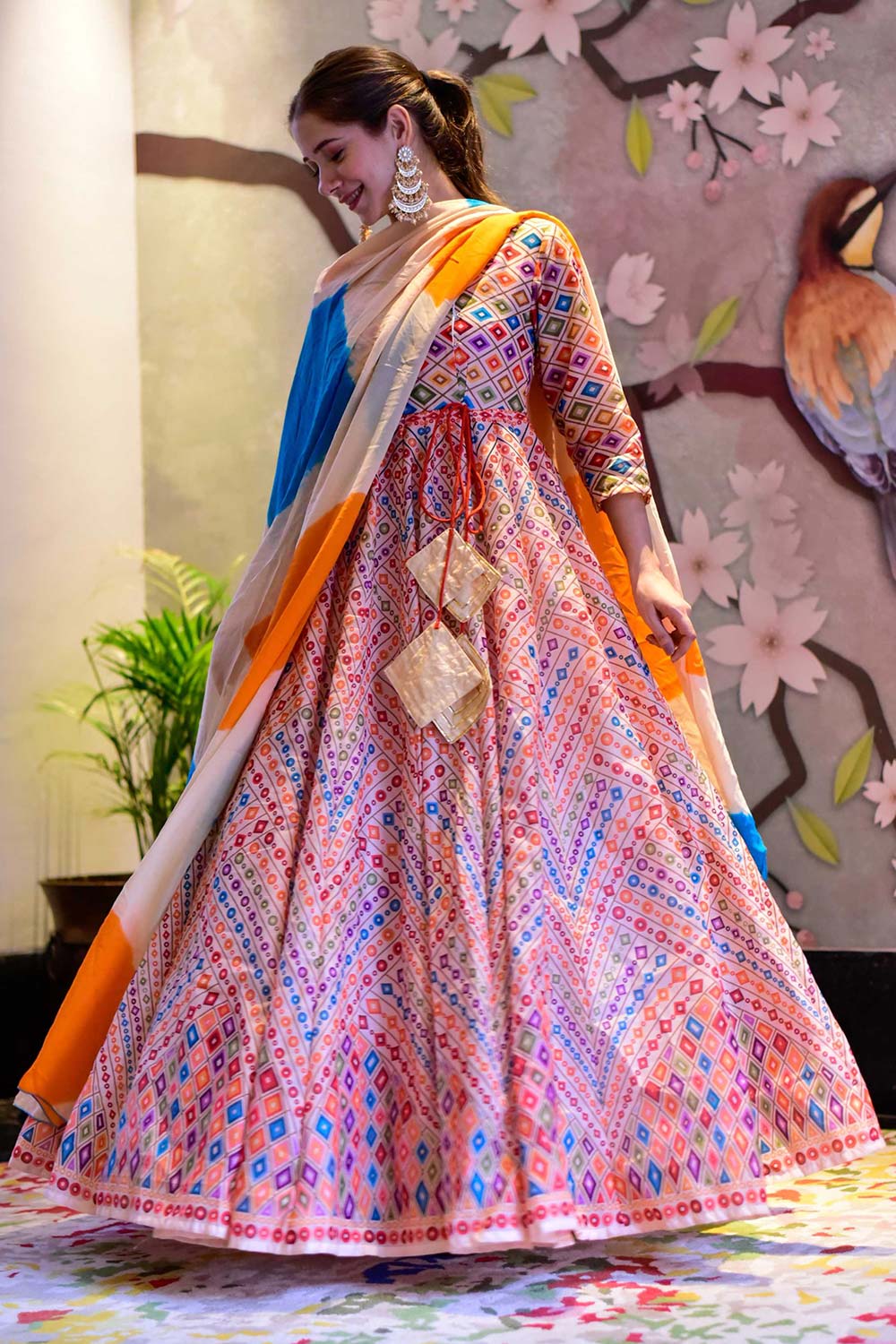 Off White Silk Cotton Designer Digital Printed Gown With Dupatta