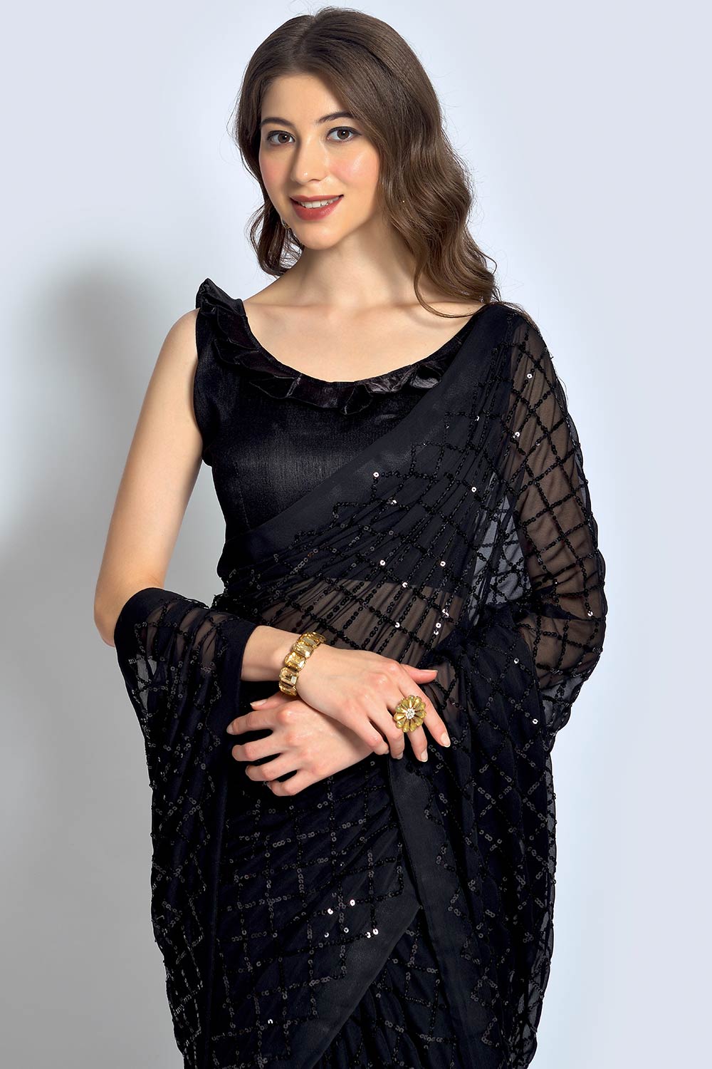 Black Georgette Sequin Saree