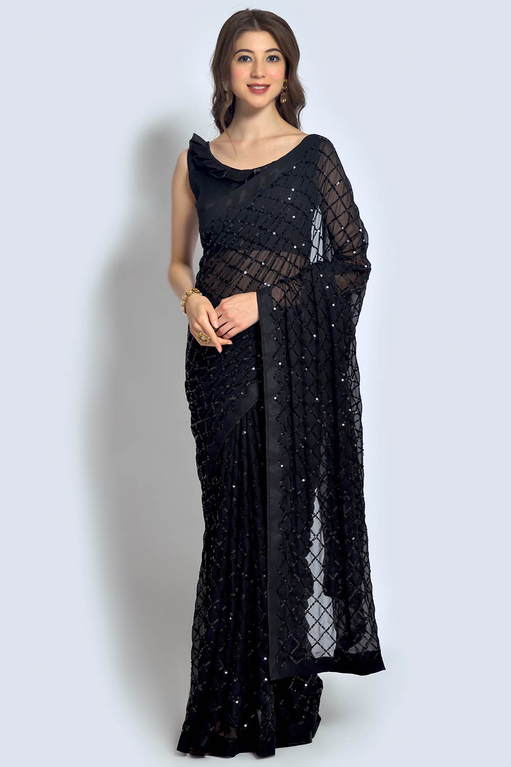 Black Georgette Sequin Saree