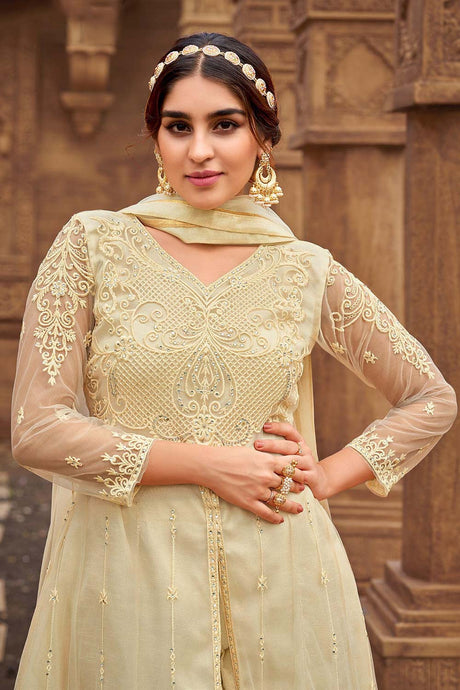 Beige Net Embroidered Sharara Suit