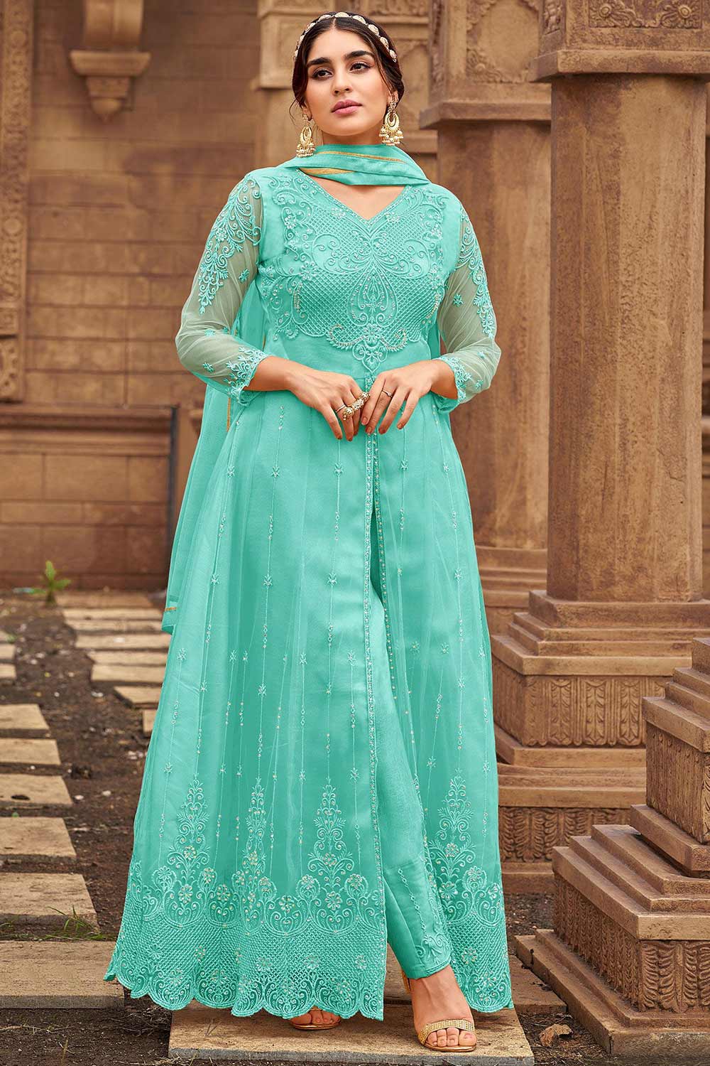 Turquoise Net Embroidered Sharara Suit