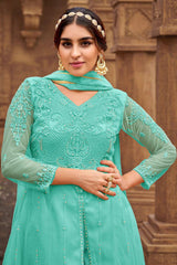 Turquoise Net Embroidered Sharara Suit