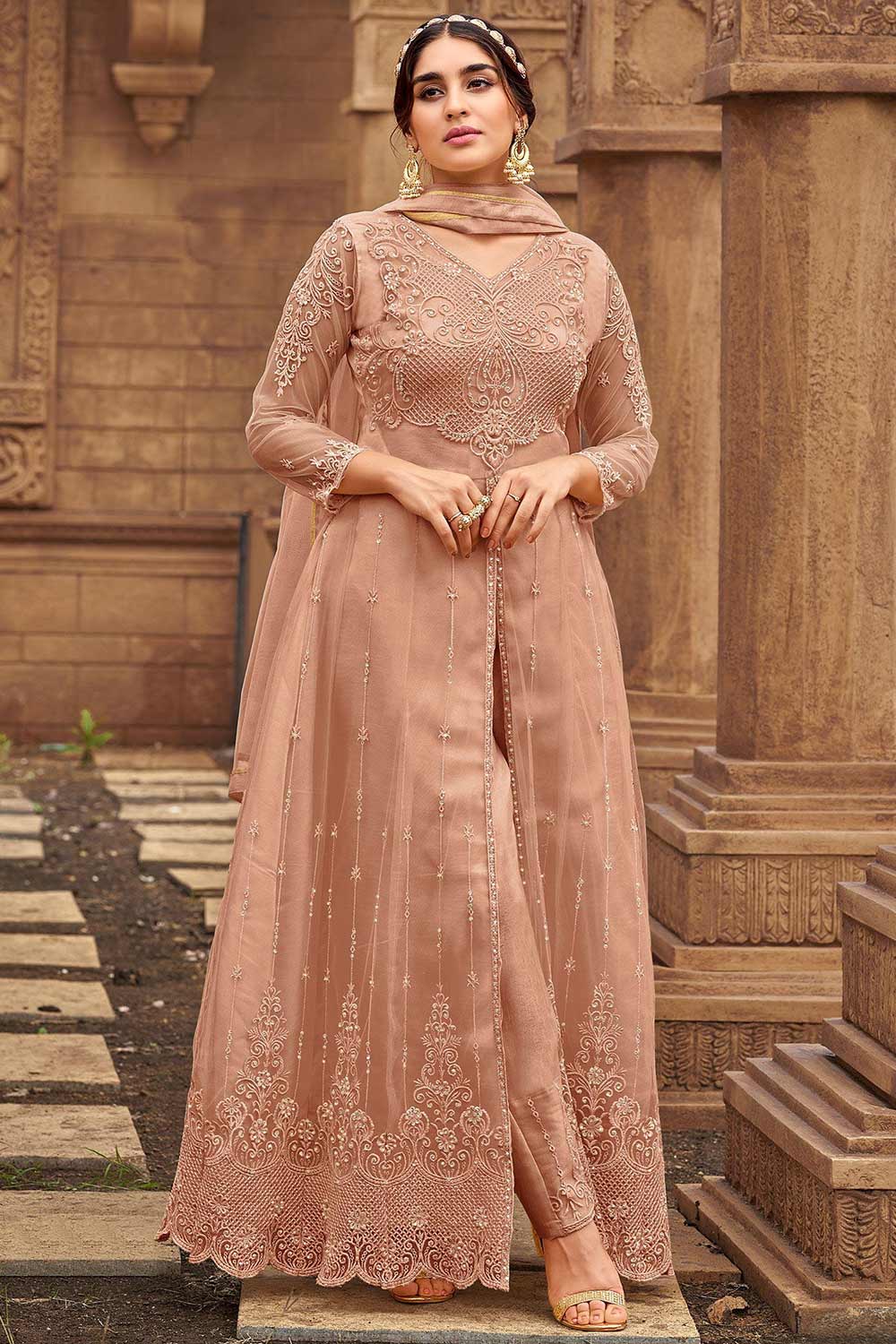 Brown Net Embroidered Sharara Suit