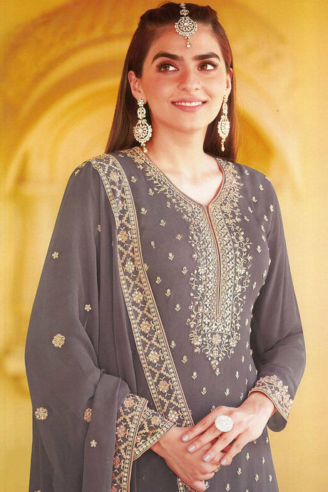 Grey Georgette Embroidered Sharara Suits