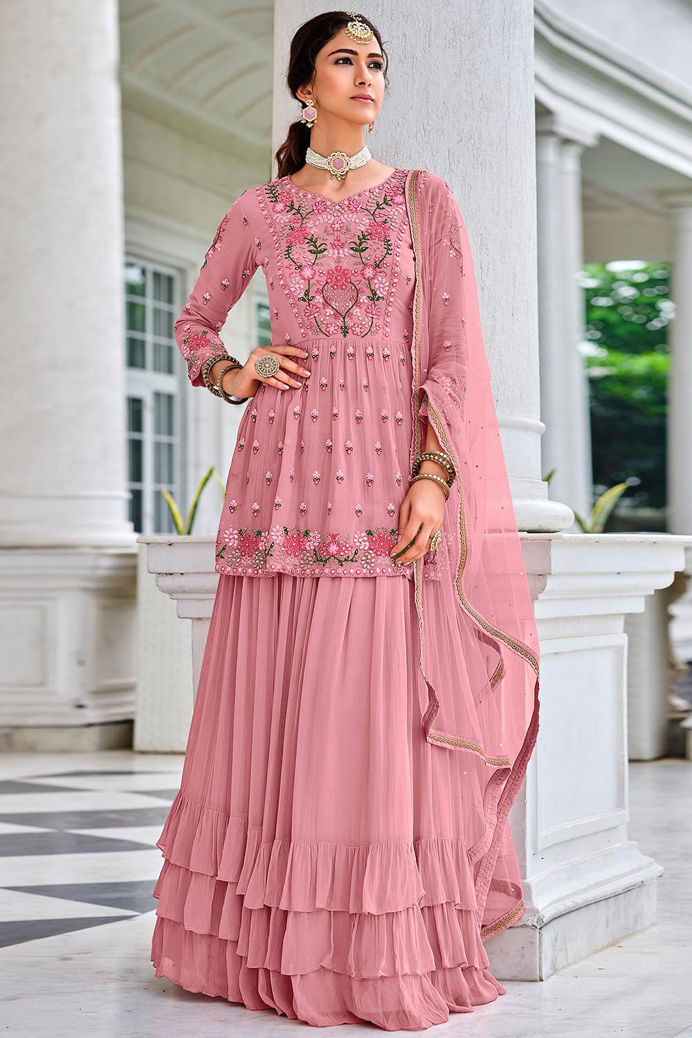 Pink Viscose Georgette Embroidery Work Sharara Dress Material