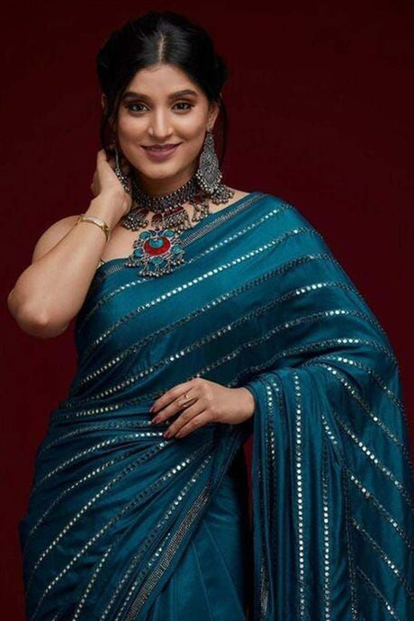 Teal Blue Georgette Mirror Sequence Saree