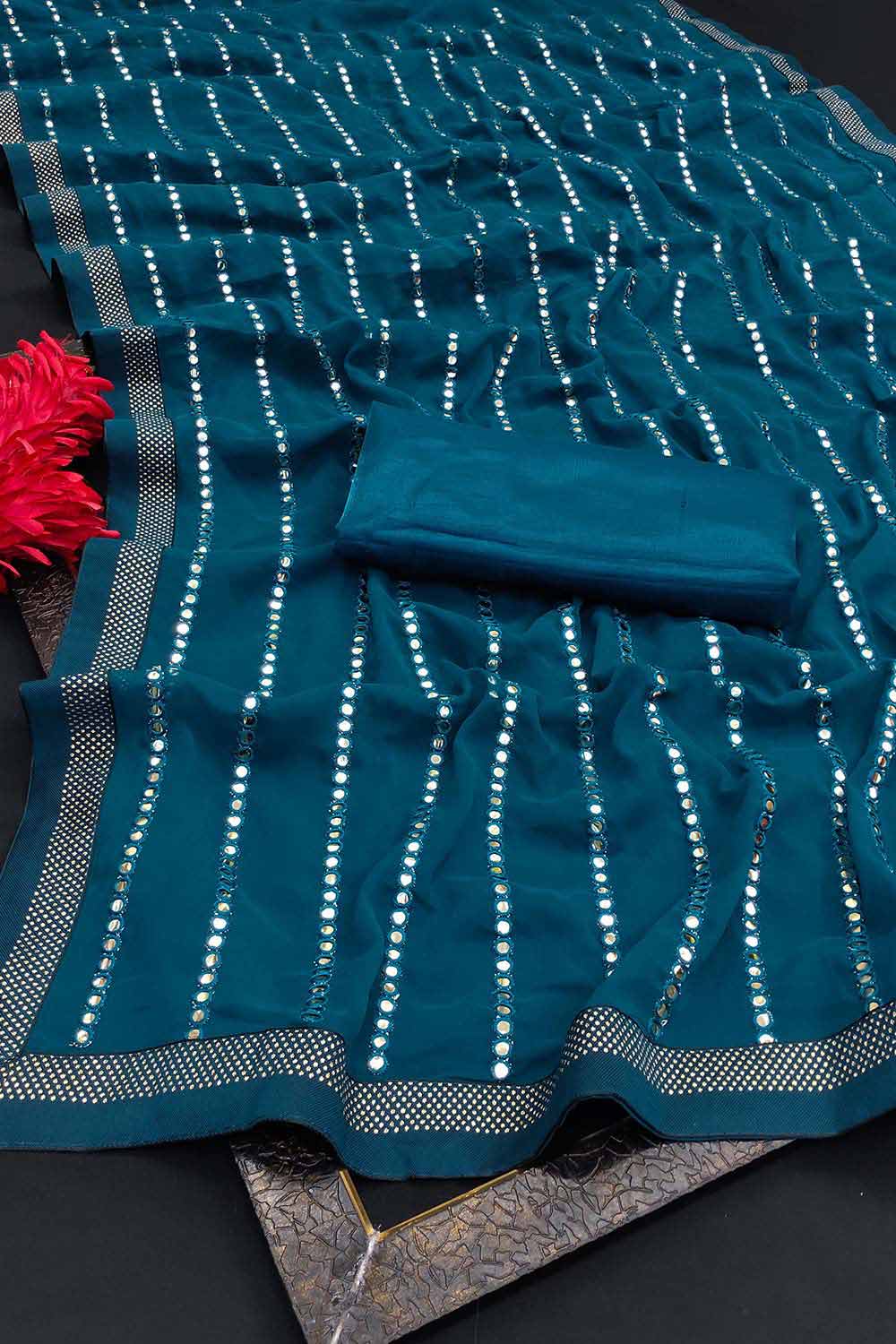 Teal Blue Georgette Mirror Sequence Saree