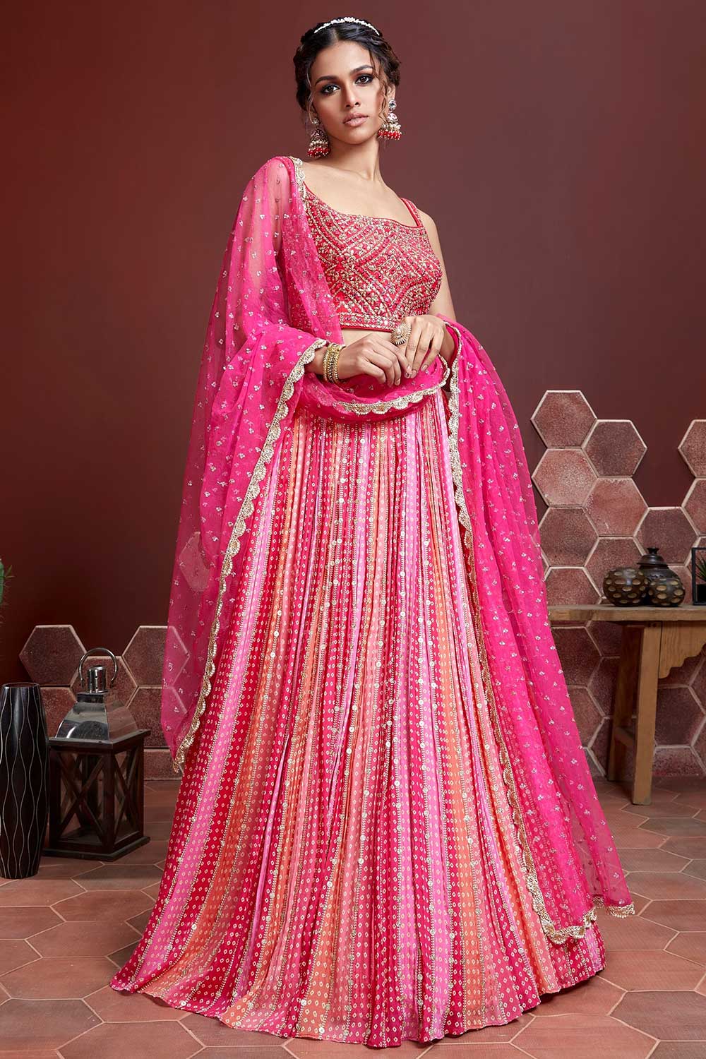 Pink Banglori Silk Digital Mirror Embroidery Work Lehenga Choli