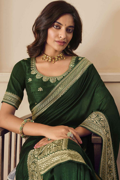 Green Vichitra Silk Zari Embroidery Work Saree