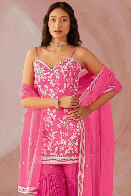 Pink Faux Georgette Embroidery Work Sharara