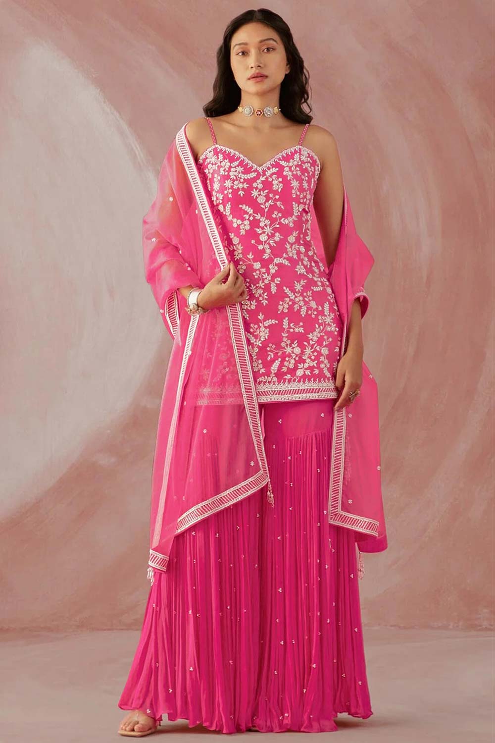 Pink Faux Georgette Embroidery Work Sharara