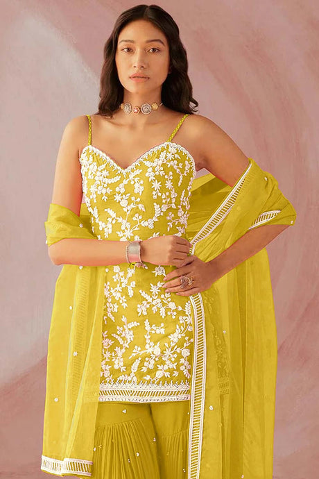 Yellow Faux Georgette Embroidery Work Sharara