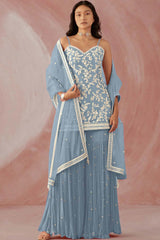 Blue Faux Georgette Embroidery Work Sharara