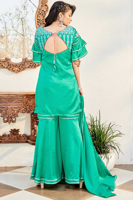 Teal Cotton Embroidery Work Sharara Suit Set