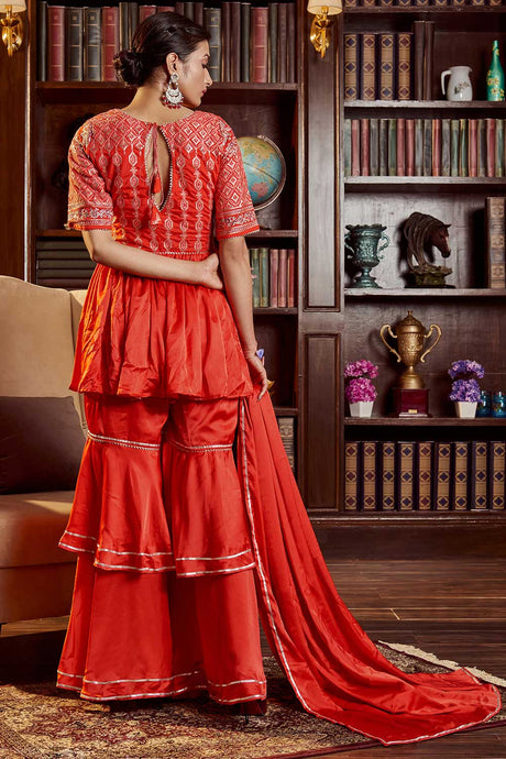 Red Cotton Embroidery Work Sharara Suit Set