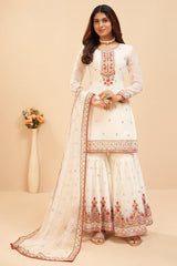 White Georgette Thread And Sequance Embroidery Work Sharara Dress Material