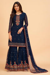 Blue Georgette Thread And Sequance Embroidery Work Sharara Dress Material